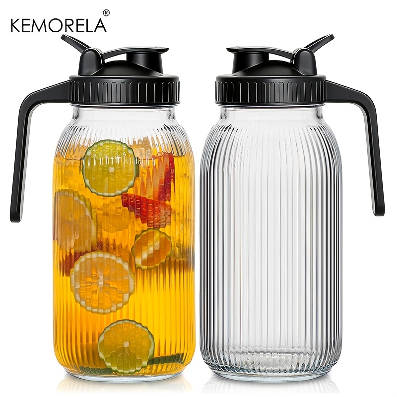 Pour Spout Pitcher - 2個入りガラス製メイソンジャー型ピッチャー、大容量、注ぎ口付き蓋、広口ガラスピッチャー、漏れ防止、コーヒー、フルーツティー用